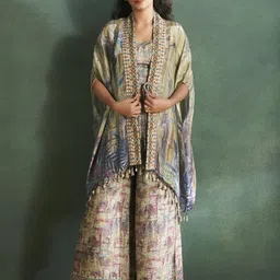 Kaftanize Abstract Printed Sleeveless Crop Top & Palazzo With Shrug-13