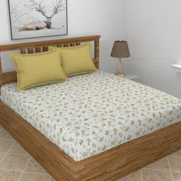 BREVARD White & Mustard Floral Printed 210 TC King Bedsheet Set 2.74 m x 2.74 m-5