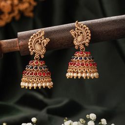 Jazz and Sizzle Gold-Plated Dome Shaped Stones Studded & Beaded  Jhumkas-48