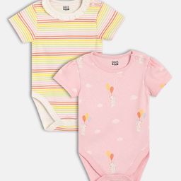 MINI KLUB Girls Pack Of 2 Animal Printed & Striped Pure Cotton Bodysuits-image-115