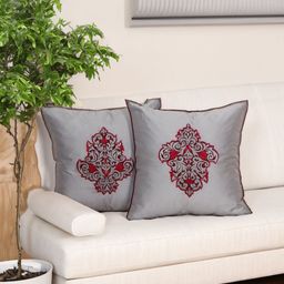 ZEBA Silver Toned & Pink 2 Pieces  Ethnic Motifs Embroidered Square Cushion Covers-image-67