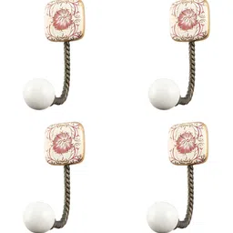 IndianShelf Cream-Coloured 4 Pieces Floral Printed Ceramic Square Wall Hooks-4