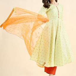 PANIT Geometric Printed Round Neck Anarkali Kurta With Trousers & Dupatta image 3
