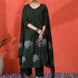 Sangria Floral Printed Pure Cotton A-Line Kurta And Trousers With Dupatta-picture-48