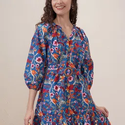 Vishudh Floral Print Puff Sleeve Mandairan Coller Fit & Flare Dress-image-60
