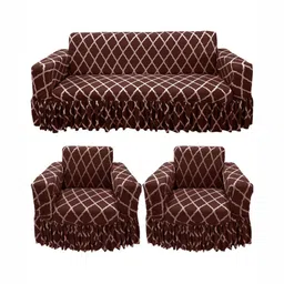 GIFTS ISLAND Brown & Off White Printed 5 Pieces Frill Sofa Cover With Arms-21