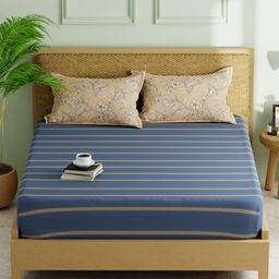 KOPA Blue & Brown Striped 152 TC Queen Bedsheet with 2 Pillow Covers-image-64