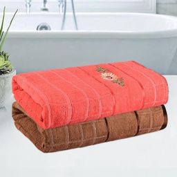 Myntra Elegant Homes Brown & Orange 2 Pieces Striped Cotton 250 GSM Bath Towels-image-74