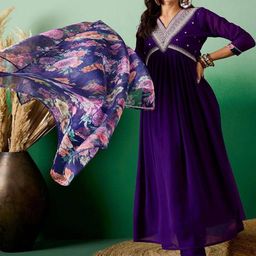 JAPNAAM Yoke Design Pleated Sequinned Georgette A-Line Kurta With Trousers & Dupatta-picture-16