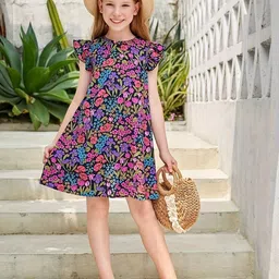Kidotsav Girls Floral Printed Flutter Sleeve A-Line Dress-picture-1