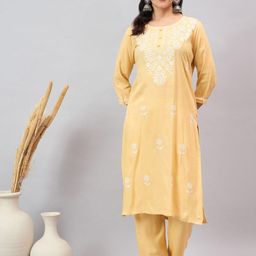 Anouk Yellow Ethnic Motifs Embroidered Round Neck Kurta With Trouser-image-61