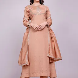 BLENDIFY Floral Yoke Design Zari A-Line Kurta With Trousers And Dupatta-picture-17