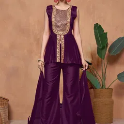 Sangria Burgundy Round Neck Floral Embroidered A-Line Kurti With Palazzos And Dupatta-17