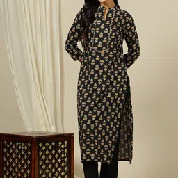 MASSTANI BY INDDUS Ethnic Motifs Printed Mandarin Collar Gotta Patti Cotton Straight Kurta-48