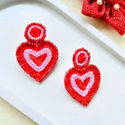 Sangria Artificial Beads Studded Heart Shaped Drop Earrings-8