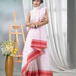 TANTLOOM Woven Design Zari Pure Cotton Handloom Jamdani Saree-image-30