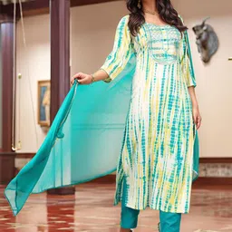 GoSriKi Abstract Printed Round Neck Zari Straight Kurta With Trousers & Dupatta-25