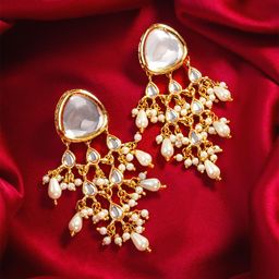 aadita Gold-Plated Kundan Studded And Pearls Beaded Contemporary Drop Earrings-50