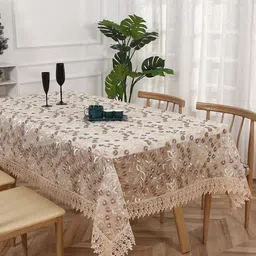 TANLOOMS Beige Floral Embroidered 8 Seater Rectangle Table Cover-11
