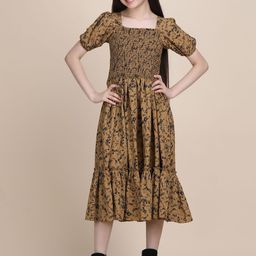 YK Girls Brown Polyester Printed Square Neck Puff Sleeve Fit and Flare Dress-picture-22
