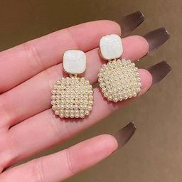 M55 Gold-Plated Artificial Stones Studded & Pearls Beaded Square Studs image 2