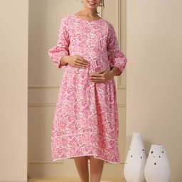 Ikk Kudi by Seerat Floral Print Puff Sleeve Maternity Fit & Flare Midi Dress-45