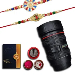 DeoDap Set of 2 Rakhi, Roli Chawal, Silver Coin, Mug & Greeting Card Rakhi Gift Set-9