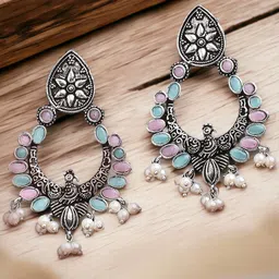 Sangria Artificial Stones Studded and Beaded Peacock Shaped Oxidised Drop Earrings-32