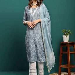 Sangria Grey Bandhani Printed Notch Neck Mirror Work Straight Kurta With Trouser & Dupatta-image-27