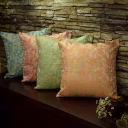 RoyalDeco Bageecha Beige 4 Pieces Ethnic Motifs Brocade Silk Square Cushion Covers-image-31