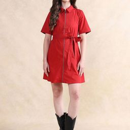 RAREISM Women Fit & Flare Mini Solid Cotton Dress-image-37