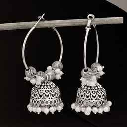 ATIBELLE Silver-Plated Artificial Stones Beaded Dome Shaped Jhumkas-62