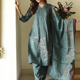 DIVASTRI Floral Printed V-Neck Beads And Stones Straight Kurta With Trousers & Dupatta-picture-42