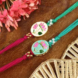 Asthetika Set Of 2 Lotus Meena Stone Thread Rakhi & Roli Chawal-0