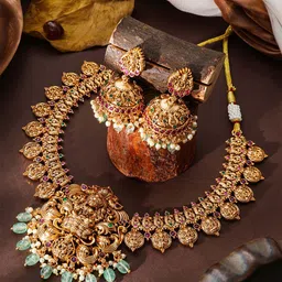 South Temple Jewellery Gold-Plated Stone-Studded & Beaded Jewellery Set-25