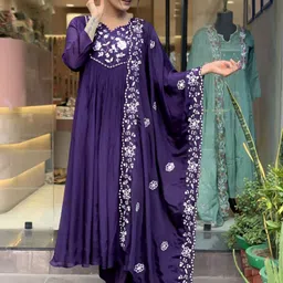 KERI PERRY Women Ethnic Motifs Embroidered Thread Work Top with Palazzos & With Dupatta-image-56