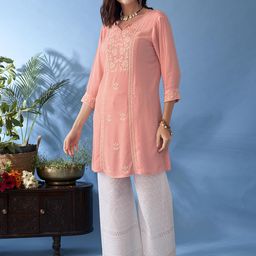 Anouk Women Geometric Yoke Design Keyhole Neck Flared Sleeves Thread Work Kurta-picture-19