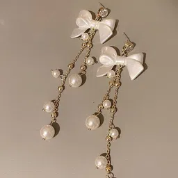Celestria Korean Artificial Stones Studded & Beaded Bow Shaped Drop Earrings-6