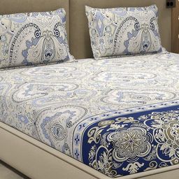 Monte Carlo White & Blue Printed Cotton 210 TC King Bedsheet Set- 2.74 m x 2.74 m-picture-4