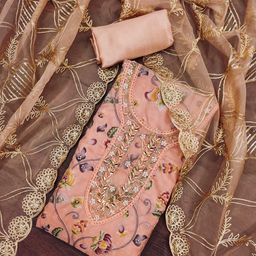 SHADOW & SAINING Embroidered Beads and Stones Organza Semi-Stitched Dress Material-image-48