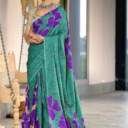 Teal Soft Cotton Block Print Saree with Unstitched Blouse Piece-picture-11