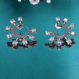 FIROZA Artificial Stones Studded Crescent Shaped Oxidised Drop Earrings-3