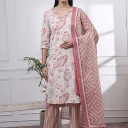 Yufta Floral Printed Pure Cotton Straight Kurta With Trouser & Dupatta-image-91