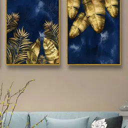 Art Street Gold-Toned & Blue 2 Pieces Leaves Printed Canvas Wall Paintings-picture-38