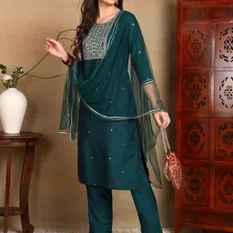 KALINI Embroidered Regular Kurta with Trousers & Dupatta image 1