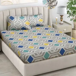 Myntra Elegant Homes Blue Geometric Printed 300 TC Fitted King Bedsheet Set 2.25m x 2.50m-image-7