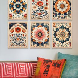 WALLLANE Traditional Cream & Blue 6 Pieces Floral And Botanical Wooden Wall Art-image-66