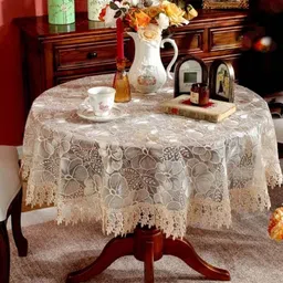TANLOOMS Cream Floral Embroidered 4 Seater Round Table Cover-30