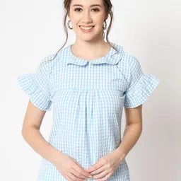 CHARMGAL Checked Peter Pan Collar Bell Sleeve Cotton Shirt Style Top-image-5