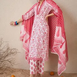 Indo Era Women Floral Printed Regular Pure Cotton Kurta with Trousers & With Dupatta-picture-45